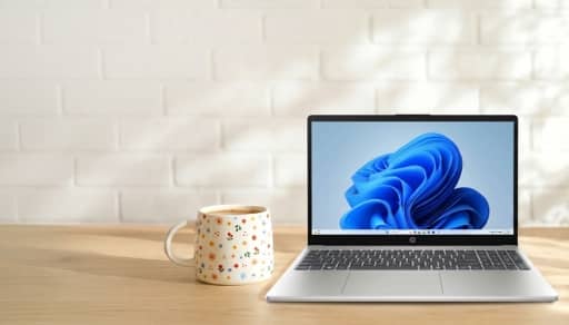 An open HP laptop and a mug filled with coffee on a hardwood surface.