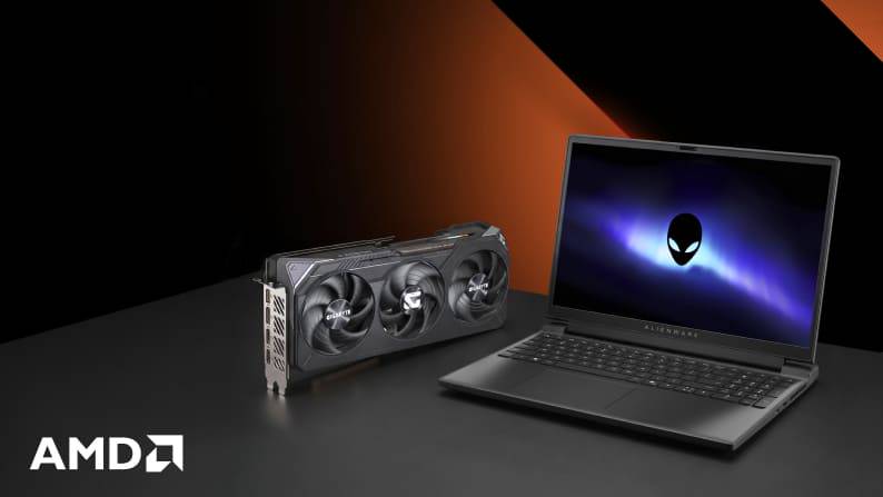 AMD logo. Graphics card with fans next to a laptop with Alienware logo on screen.