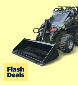 Flash deals. Image shows a green Typhon skid-steer loader with a black bucket attachment on a yellow background.