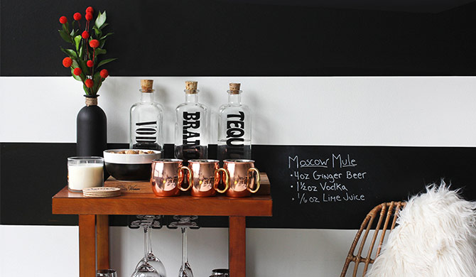 Bar car with Moscow Mule ingredients in front of chalkboard striped wall