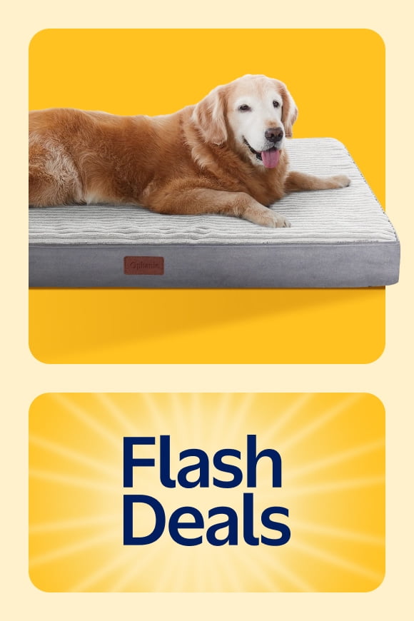 Image shows a gray and white dog bed.