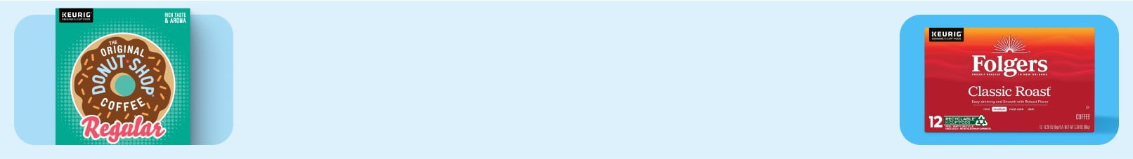 A package of Original Donut Shop pods and a Folgers classic roast set of pods is shown.