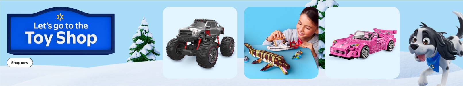 Badge that reads Let’s go to the Toy Shop. Monster truck toy, Jurassic World toy and pink toy car shown with Lil’ Roy dog illustration.