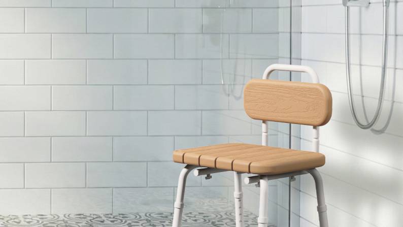Shower chair in a shower.