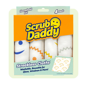 Image shows Scrub Daddy Streakless all-purpose dust cloths, a pack of four washable, reusable cleaning cloths for glass, windows, and more.