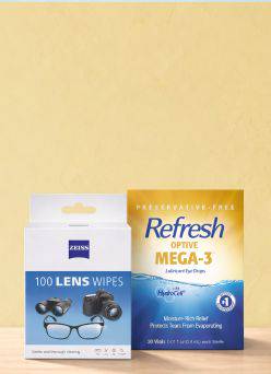 Vision care products including Opti-Free Puremoist, Refresh eye drops, Total30 contacts and ZEISS lens wipes