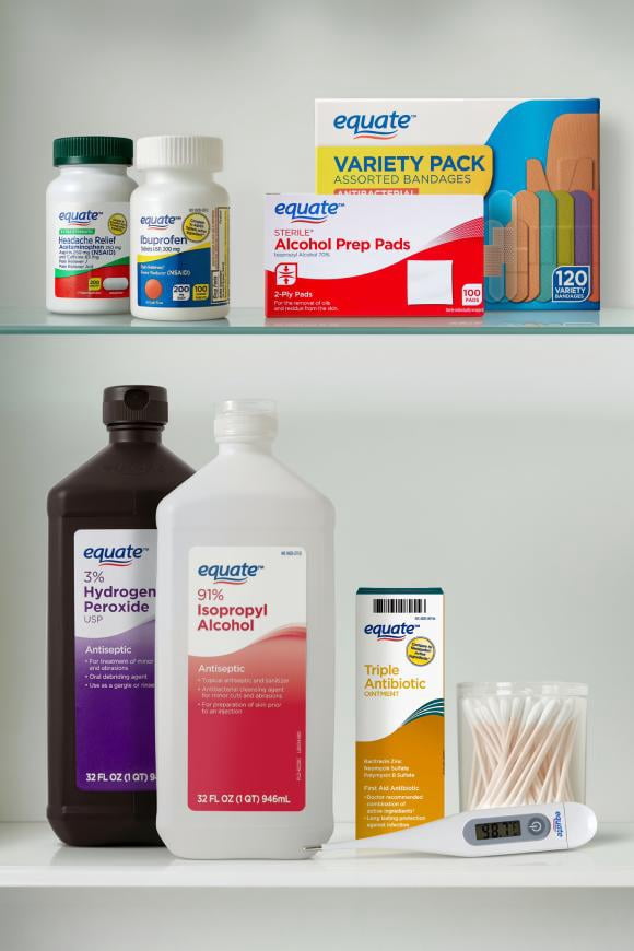 Assorted Equate health essentials displayed in a medicine cabinet.