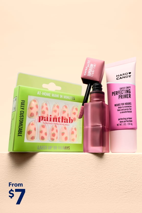 Image of various makeup & nail care products is shown.