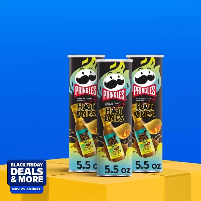 Black Friday Deals and more. Eleven twenty-five to thirty. Image shows three cans of Hot Ones Pringles.