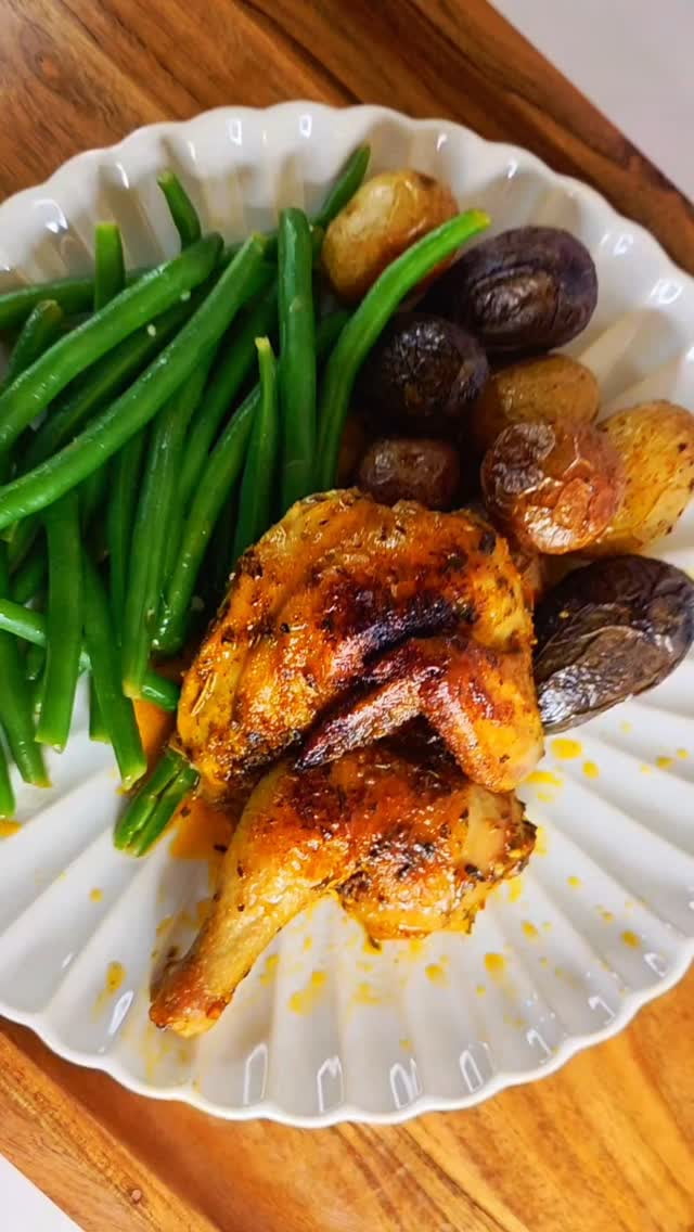 Garlic Butter Cornish Hens with Onion-Butter Potatoes with Lemon Butter Green Beans. Recipes on my IG., Shop post,