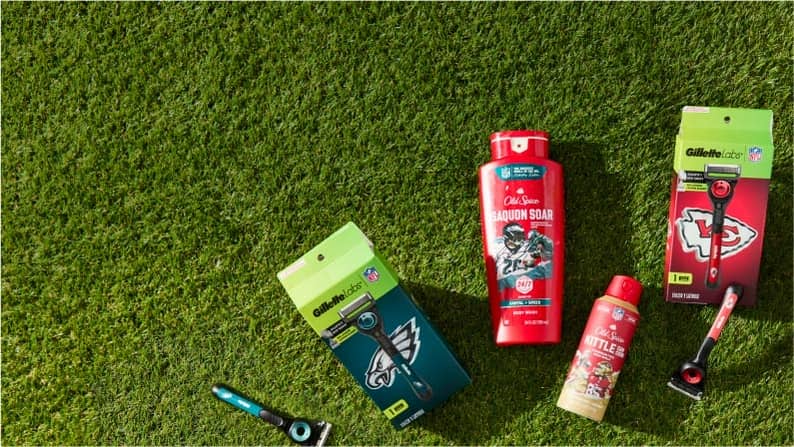 Image shows NFL team-themed Old Spice wash & Gillette razors.