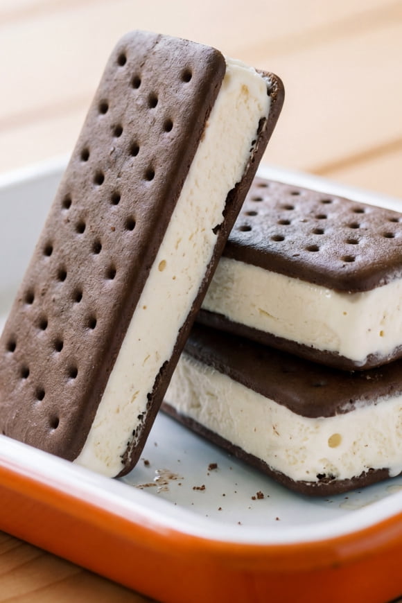 Ice cream sandwiches stacked on top of one another on a plate.