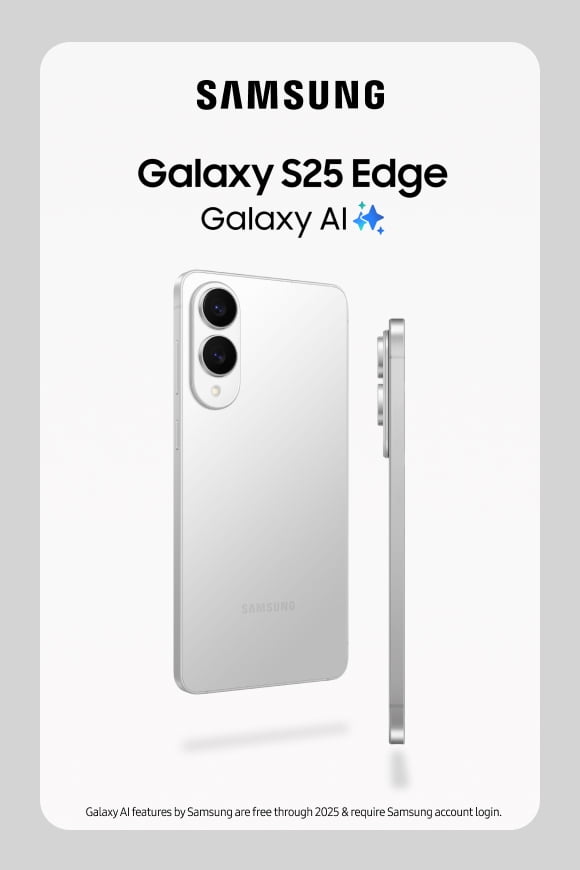 Back view of phone with two cameras shown alongside slim side profile. Samsung logo, Galaxy S25 Edge and Galaxy AI banner also shown.
