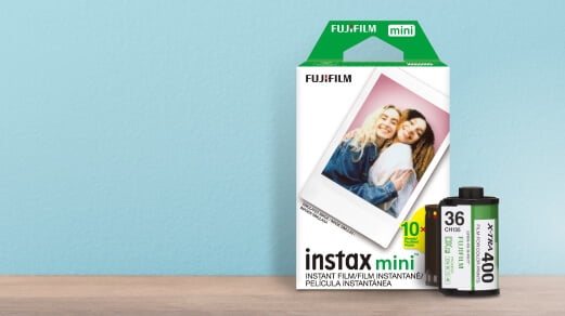 Image of a box of Instax mini film. Instant to professional. Film for every camera. Shop now.