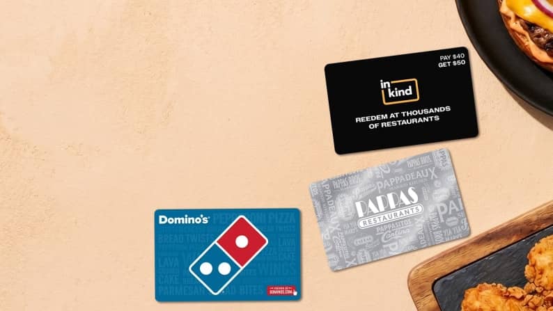 Assorted gift cards on a tan background. Up to 20% off.