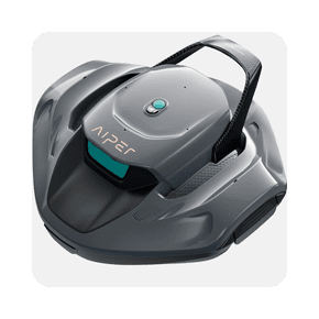 Image shows a sleek gray Aiper Scuba 800W cordless robotic pool cleaner with a handle, designed for cleaning above-ground pools, on a white background