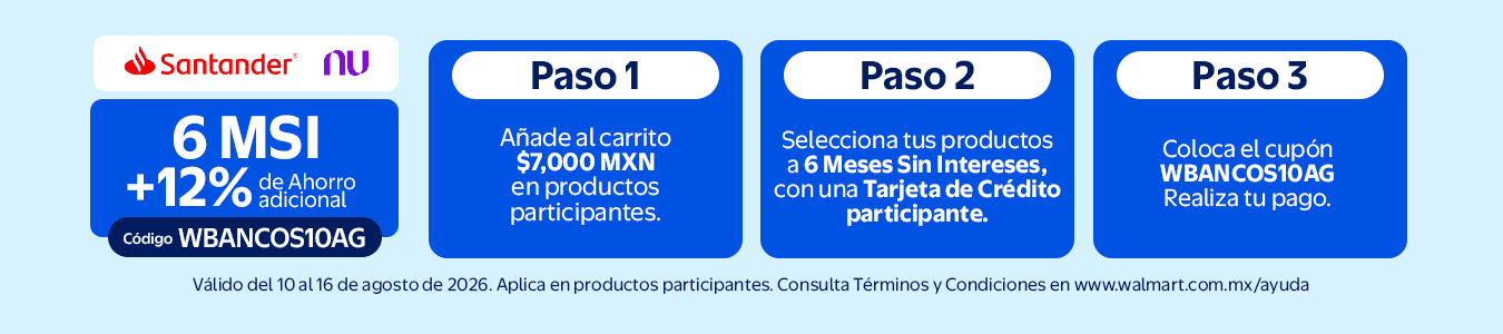 Santander, &, NU 6MSI+12%. Vigencia 10 al 16 de agosto. 1. Añade al carrito al menos $7,000 MXN en productos participantes. 2. Selecciona tus productos a 6 MSI, con una Tarjeta de Crédito Participante. 3.Coloca el cupón WBANCOS10AG en tu carrito.