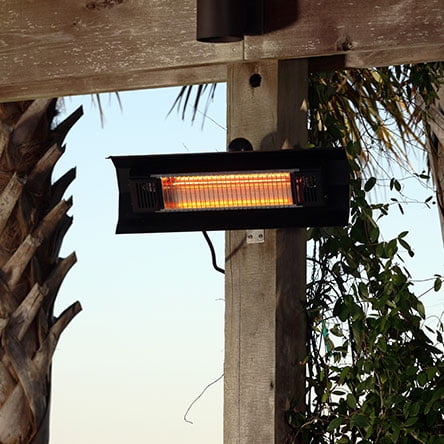 An electric patio heater mounted to a pergola. Links to the best mounted patio heaters on Walmart.com.