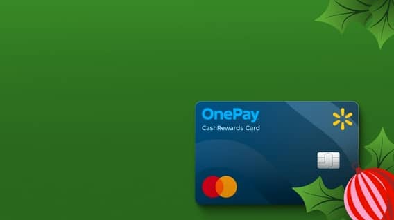 An image of a blue credit card with the orange MasterCard and yellow Walmart logos. Illustrated leaves and a red ornament are on the green background.