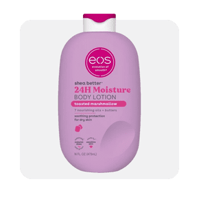 Image shows a pink bottle of eos Shea Better twenty-four hour Moisture Body Lotion in Toasted Marshmallow scent on a light background.