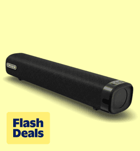 Image shows a black TOPVISION remote control for a soundbar on a yellow background.