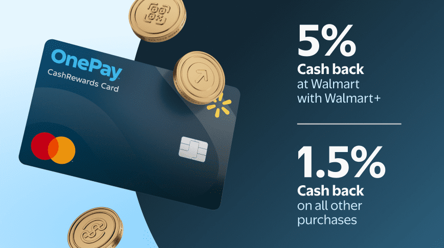 A blue credit card featuring an orange MasterCard logo, a yellow Walmart logo, and a blue OnePay CashRewards Card logo, surrounded by gold coins.