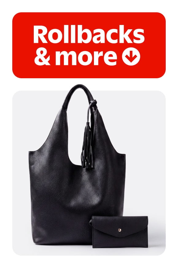 Rollbacks and more badge above a black tote bag with tassel detail and a matching black clutch.