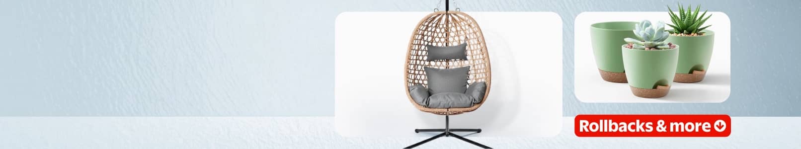 Rollbacks and more. Egg chair with stand and three pots with plants.