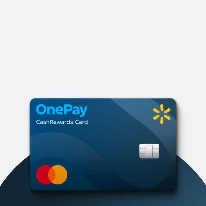 An image of a blue credit card featuring the orange and yellow MasterCard logo, as well as the words OnePay CashRewards Card.