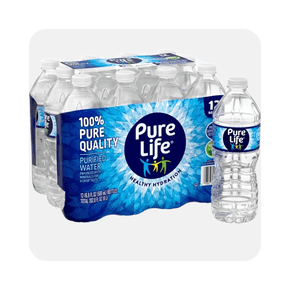 a case of pure life bottled water on a grey background