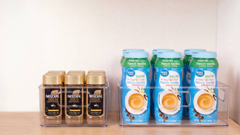 A 12-pack of Nescafe Gold Espresso is shown next to a 6-pack of Great Value non-dairy French Vanilla creamer.