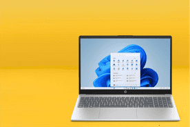 Image shows a natural silver HP laptop with a blue display screen on a yellow background.