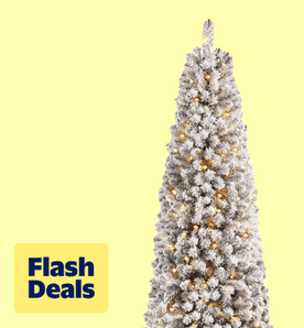 Image shows a white Alupssuc snow-flocked artificial Christmas tree with warm lights on a pale yellow background.