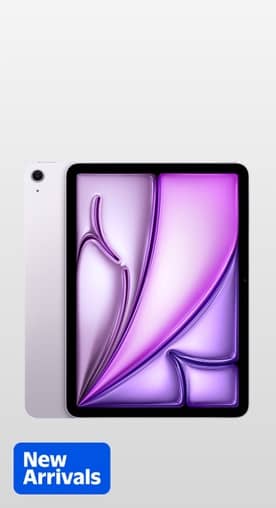 New Arrivals logo. Two Apple iPads. One is facing front, showing a purple abstract design. The other is facing backwards.