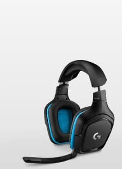 Black gaming headphones shown with blue detailing.