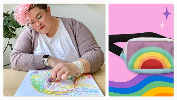 image shows the founder at a desk drawing a colorful abstract image on white paper.