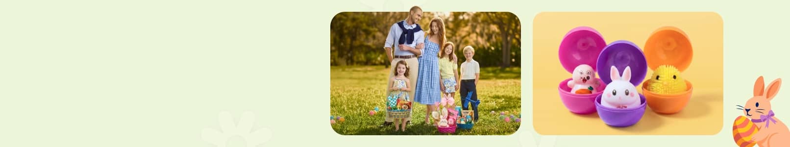A bunny illustration is next to a photo of a family dressed for Easter in a field carrying baskets and three eggs opened to reveal different animals.