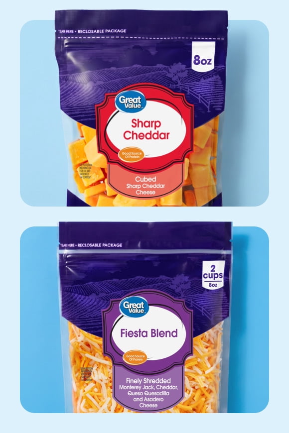 Great Value Sharp Cheddar cubed cheese eight ounce bag and Great Value Fiesta Blend finely shredded cheese two cups bag.