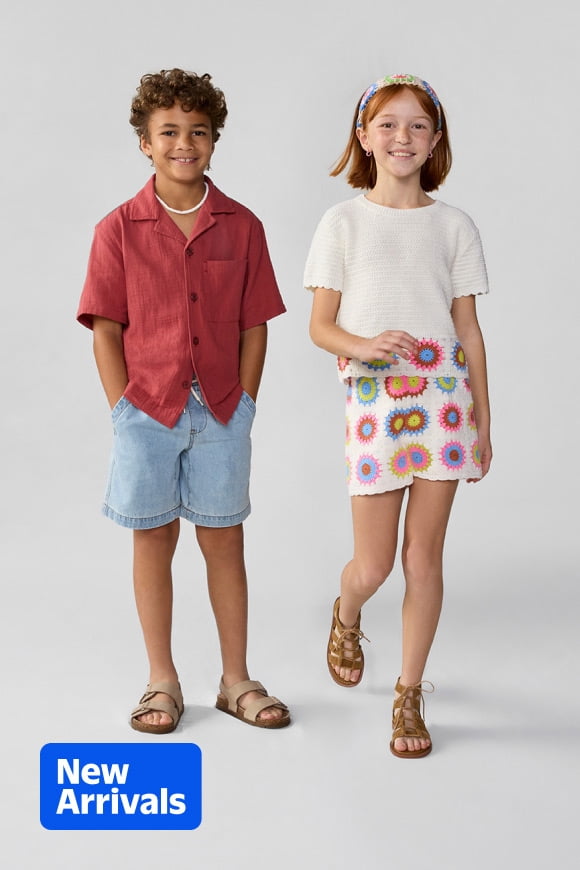 A girl and boy wearing summer clothing, ranging from tops, shorts, skirt and sandals.