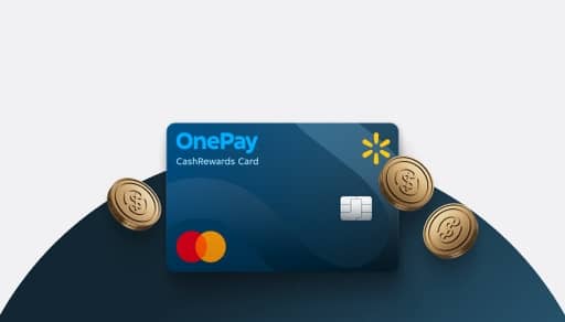 An image of gold coins in front of a blue credit card with interlocking orange circles, yellow spark symbol, and the words OnePay CashRewards Card.