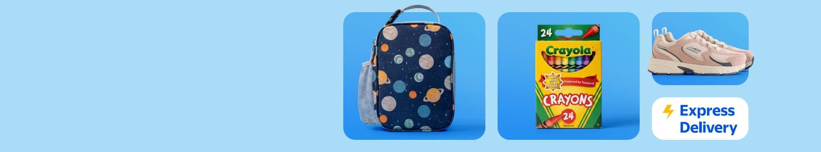 Express Delivery. Planet print lunch tote, Crayola crayons and athletic shoes on blue background.