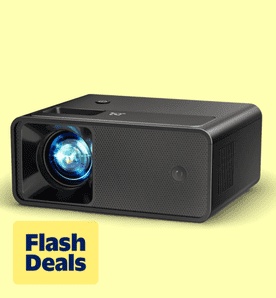 Flash deals. Image shows a black Artsea mini projector with a lit lens on a light yellow background.