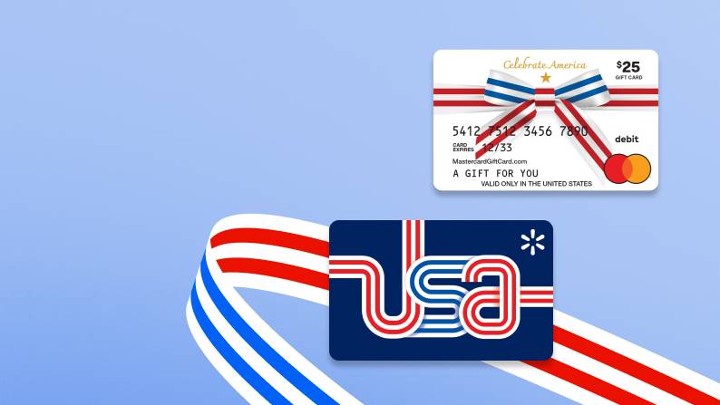 Red, white and blue gift cards with a red, white and blue ribbon in the background.
