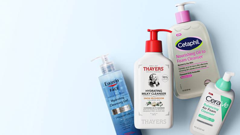 A product shot of Eucerin Hydrating Cleansing Gel, Thayers Hydrating Milky Cleanser, Cetaphil foam face cleanser, and Cerve face cleanser.