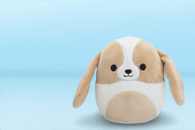 Image shows various colorful Squishmallows plush toys in a row against a light blue background.