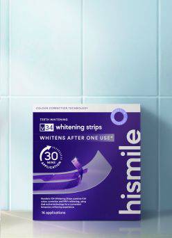 Teeth whitening products on a light blue background.