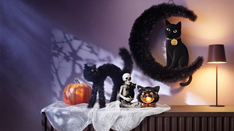 Halloween cats, pumpkins and a skeleton on a side table.