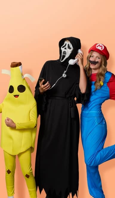 Three people in a banana, Ghost ace, and Mario costume.