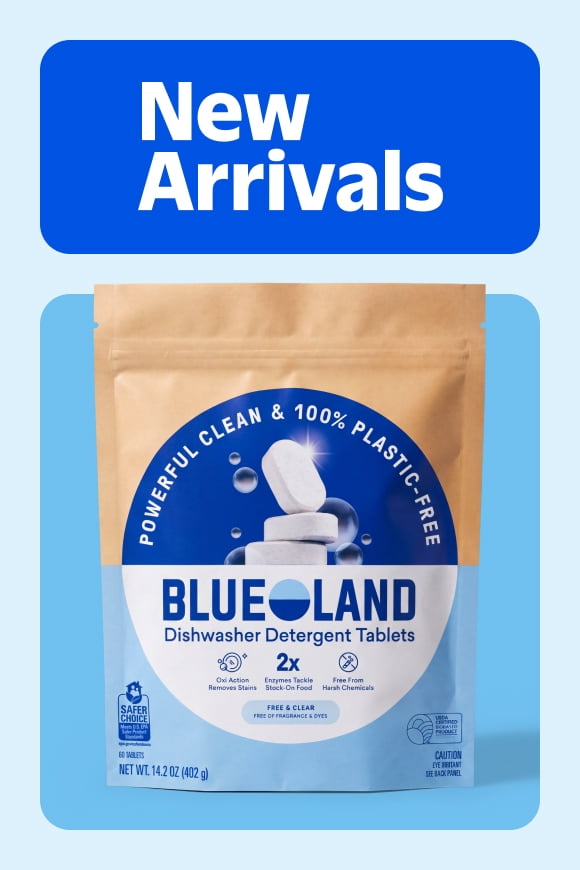 New Arrivals badge with Blueland dishwasher detergent tablets pouch, powerful clean and one hundred percent plastic free.
