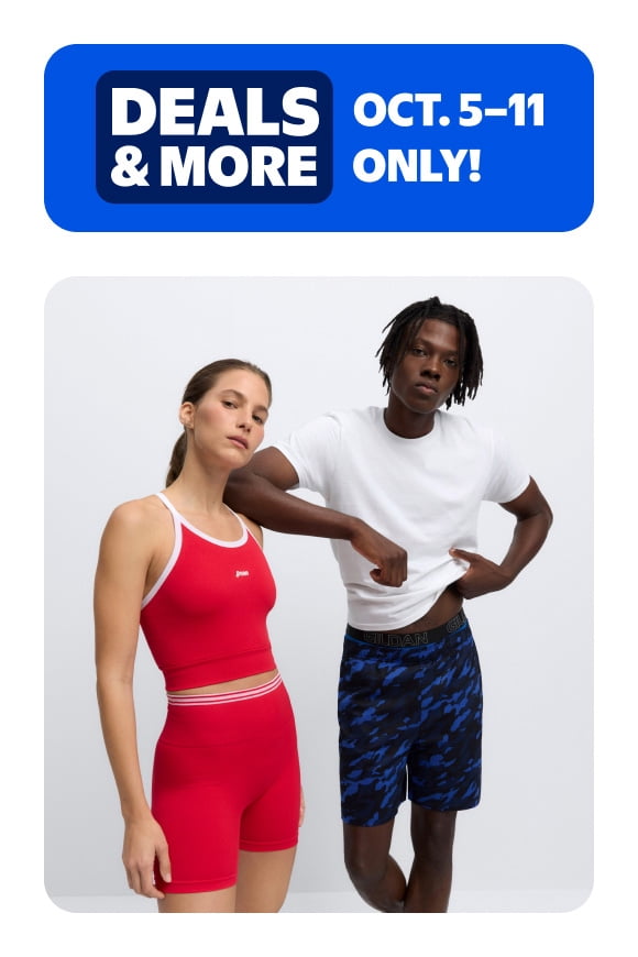 Deals and More badge reads: Deals and More October five through eleven only. Two adults model sporty casual outfits.
